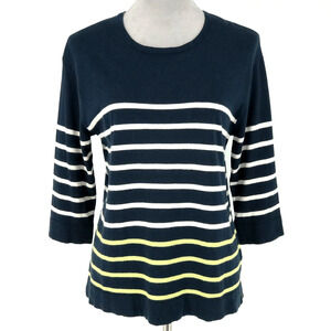 J Jill Sweater Petites SP PS Navy Blue White Yellow Stripe Tunic Pullover